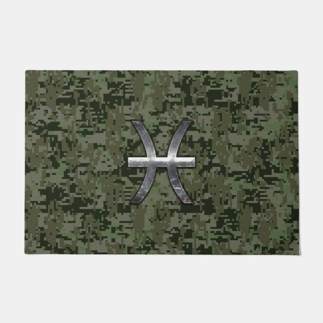 Pisces Zodiac Sign on Woodland Digital Camo Doormat (Front)
