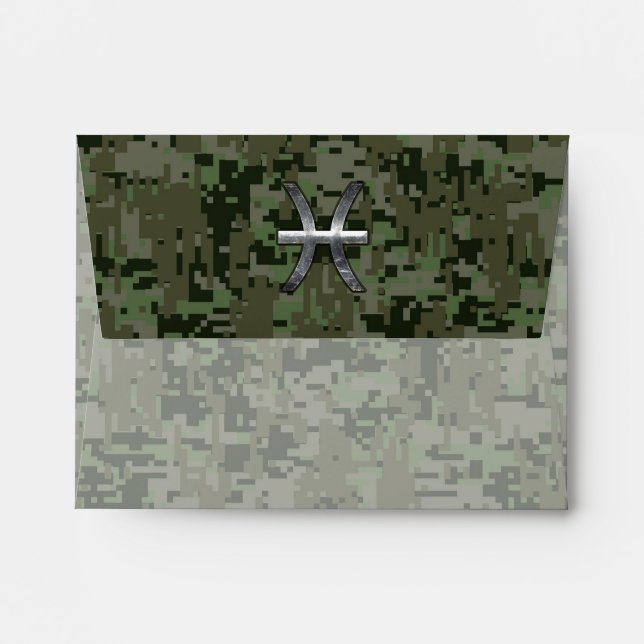 Pisces Zodiac Sign on Woodland Green Digital Camo Envelope (Back (Top Flap))