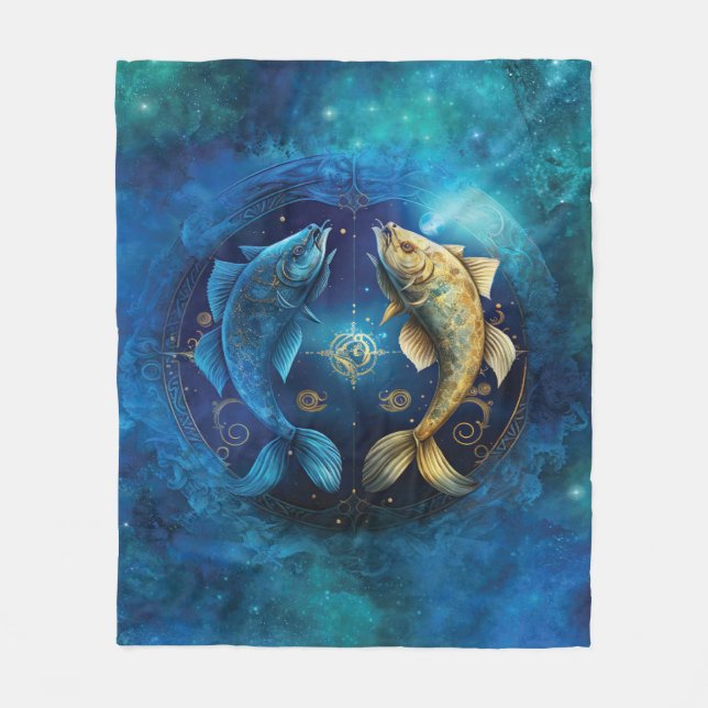 Pisces Zodiac Sign Watercolor Design Fleece Blanket (Front)