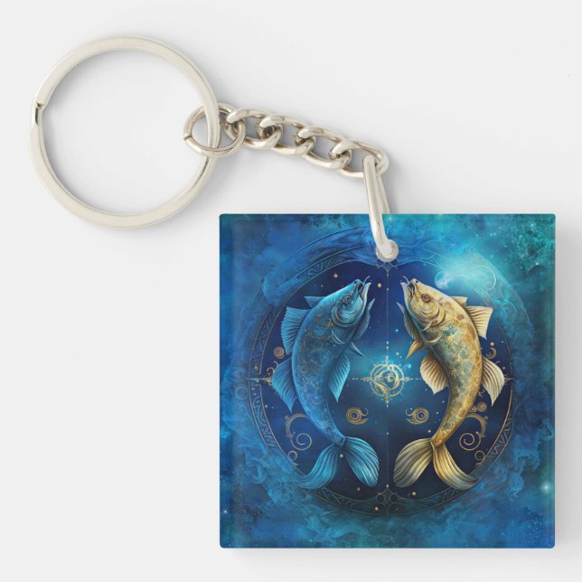 Pisces Zodiac Sign Watercolor Design Key Ring (Front)