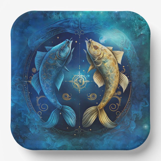 Pisces Zodiac Sign Watercolor Design Paper Plate (Front)