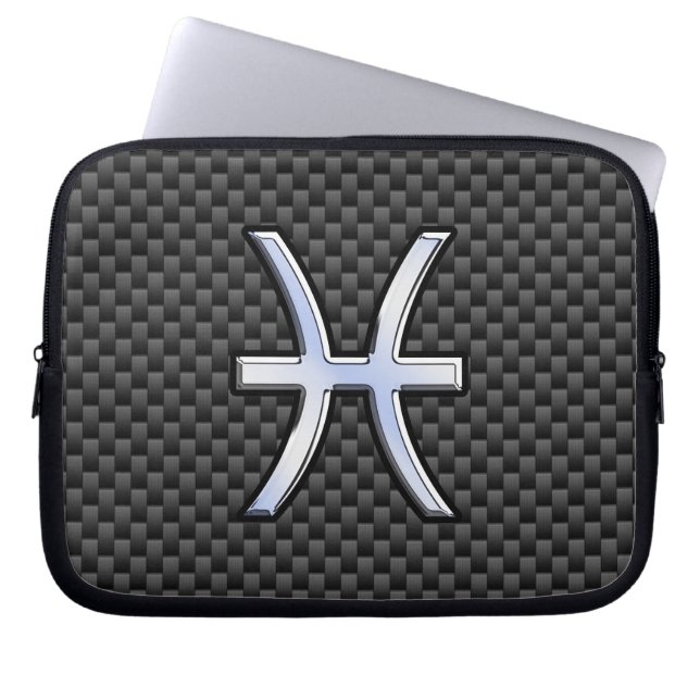 Pisces Zodiac Silver Symbol Carbon Fibre Style Laptop Sleeve (Front)