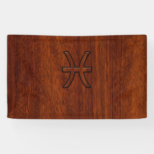 Pisces Zodiac Symbol Brown Mahogany wood style Banner
