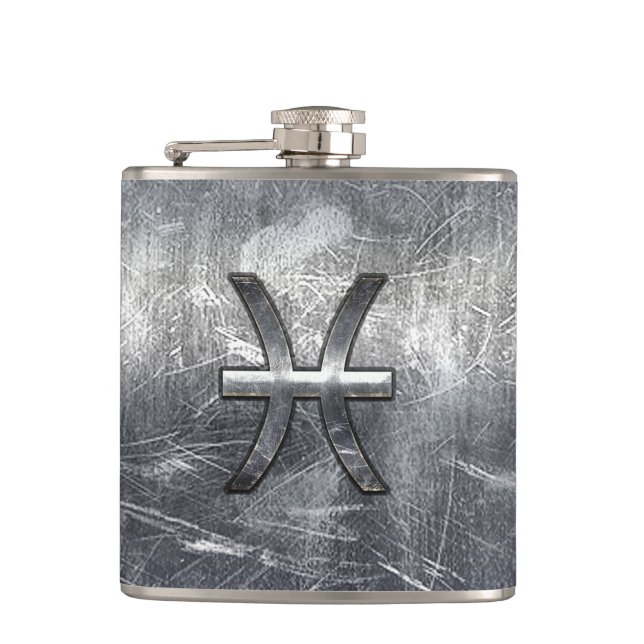 Pisces Zodiac Symbol in grunge steel style print Hip Flask (Front)