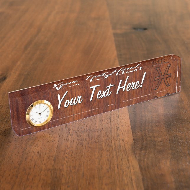 Pisces Zodiac Symbol in Mahogany wood grain style Nameplate (Side)
