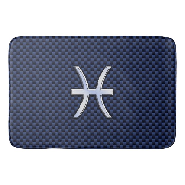 Pisces Zodiac Symbol Navy Blue Carbon Fibre Print Bath Mat (Front)