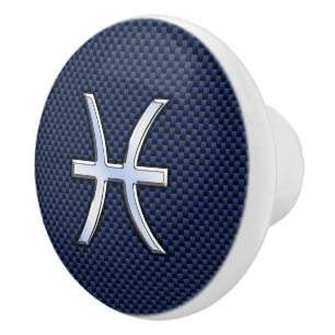 Pisces Zodiac Symbol Navy Blue Carbon Fibre Print Ceramic Knob