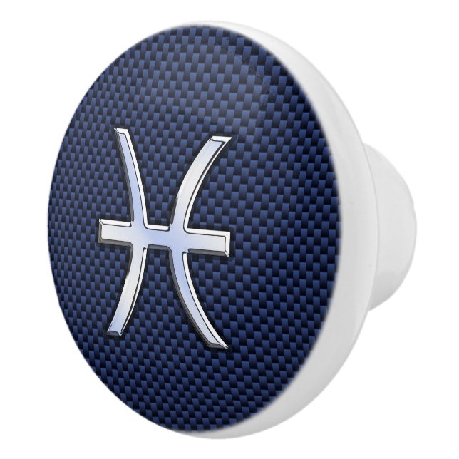 Pisces Zodiac Symbol Navy Blue Carbon Fibre Print Ceramic Knob (Right)