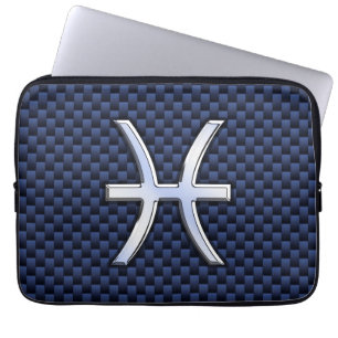 Pisces Zodiac Symbol Navy Blue Carbon Fibre Print Laptop Sleeve