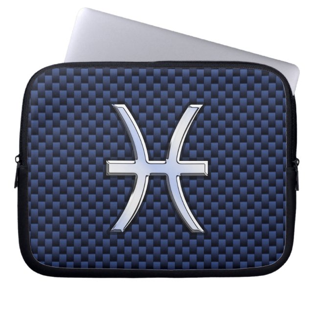 Pisces Zodiac Symbol Navy Blue Carbon Fibre Print Laptop Sleeve (Front)