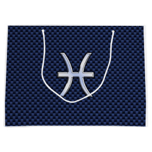 Pisces Zodiac Symbol Navy Blue Carbon Fibre Print Large Gift Bag