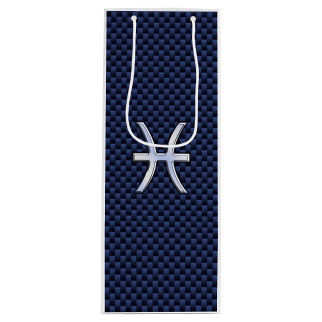 Pisces Zodiac Symbol Navy Blue Carbon Fibre Print Wine Gift Bag (Front)