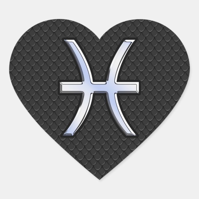 Pisces Zodiac Symbol on Black Snake Skin Decor Heart Sticker (Front)