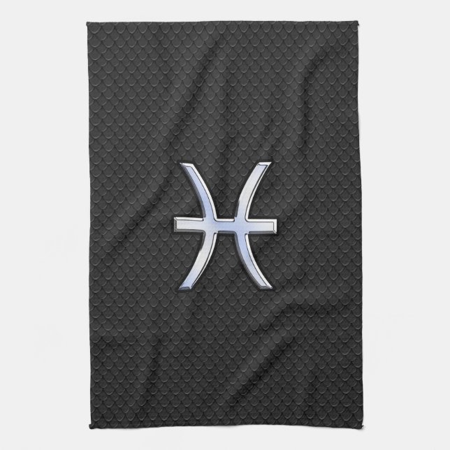 Pisces Zodiac Symbol on Black Snake Skin Decor Tea Towel (Vertical)