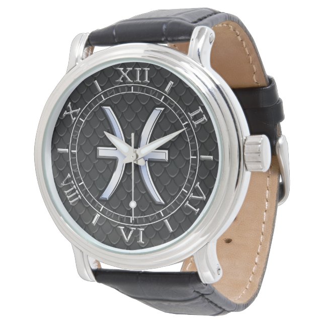 Pisces Zodiac Symbol on Black Snake Skin Dial Watch (Angled)