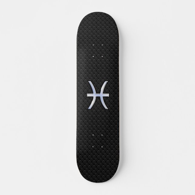 Pisces Zodiac Symbol on Black Snake Skin Style Skateboard (Front)