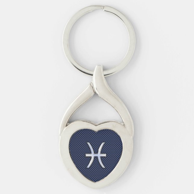Pisces Zodiac Symbol on Blue Carbon Fibre Print Key Ring (Front)