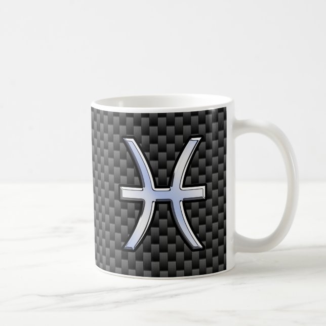 Pisces Zodiac Symbol on Carbon Fiber Style Coffee Mug (Right)
