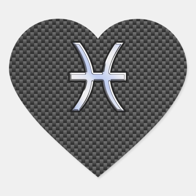 Pisces Zodiac Symbol on Carbon Fibre Print Heart Sticker (Front)