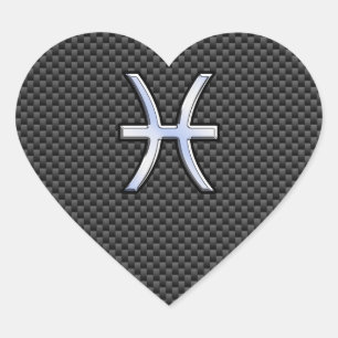Pisces Zodiac Symbol on Carbon Fibre Print Heart Sticker