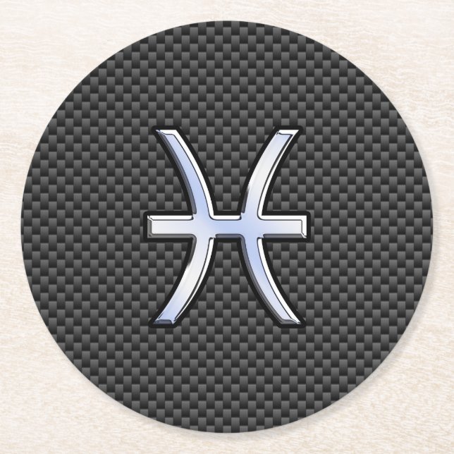 Pisces Zodiac Symbol on Carbon Fibre Print Round Paper Coaster (Front)