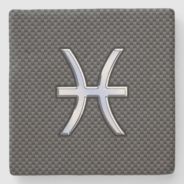 Pisces Zodiac Symbol on Carbon Fibre Print Stone Coaster (Front)