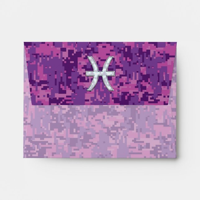 Pisces Zodiac Symbol on Fuchsia Digital Camo Envelope (Back (Top Flap))