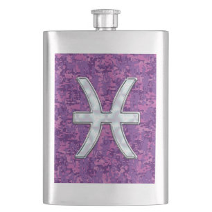 Pisces Zodiac Symbol on Fuchsia Digital Camo Hip Flask