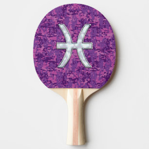 Pisces Zodiac Symbol on Fuchsia Digital Camo Ping Pong Paddle