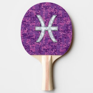 Pisces Zodiac Symbol on Fuchsia Digital Camo Ping Pong Paddle