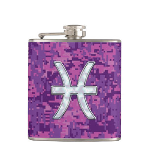 Pisces Zodiac Symbol on Fuchsia Pink Digital Camo Hip Flask