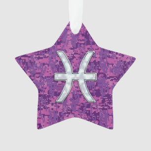 Pisces Zodiac Symbol on Fuchsia Pink Digital Camo Ornament