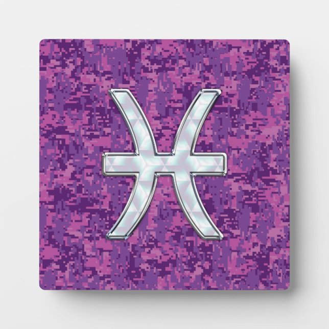 Pisces Zodiac Symbol on Fuchsia Pink Digital Camo Plaque (Front)