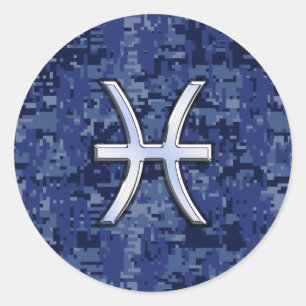 Pisces Zodiac Symbol on Navy Blue Digital Camo Classic Round Sticker