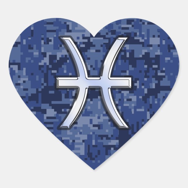 Pisces Zodiac Symbol on Navy Blue Digital Camo Heart Sticker (Front)