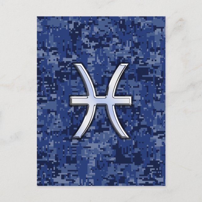 Pisces Zodiac Symbol on Navy Blue Digital Camo Postcard (Front)