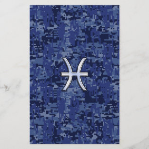 Pisces Zodiac Symbol on Navy Blue Digital Camo Stationery