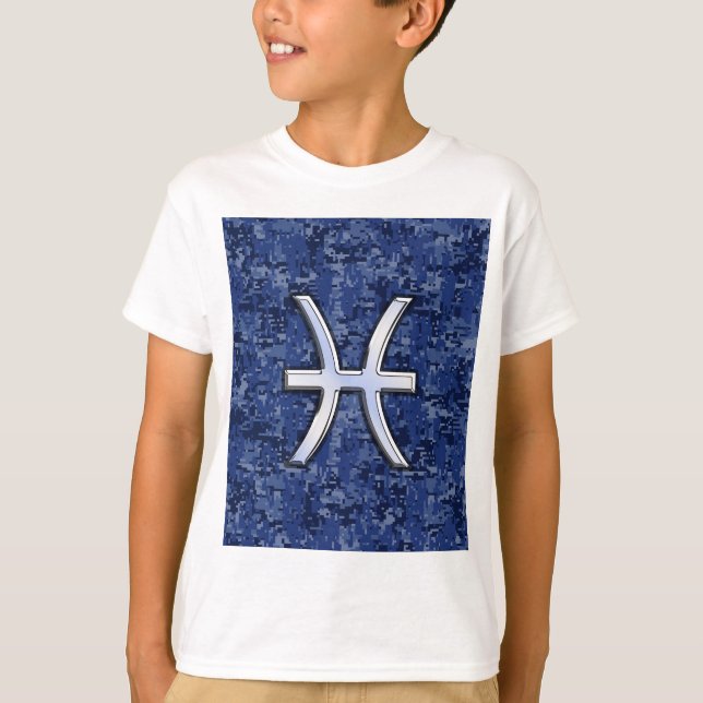 Pisces Zodiac Symbol on Navy Blue Digital Camo T-Shirt (Front)