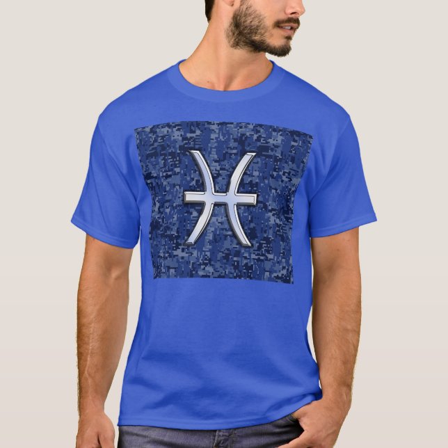 Pisces Zodiac Symbol on Navy Blue Digital Camo T-Shirt (Front)