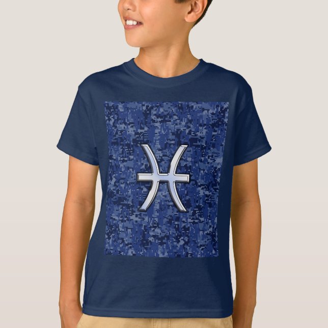 Pisces Zodiac Symbol on Navy Blue Digital Camo T-Shirt (Front)
