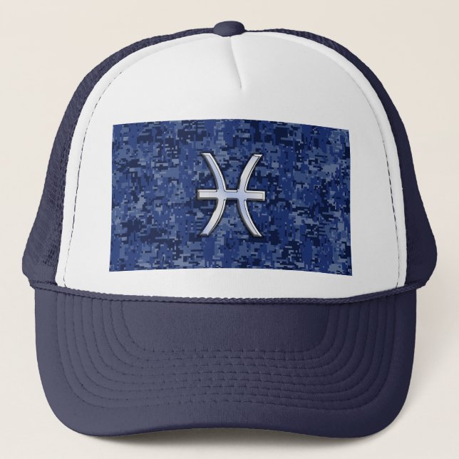 Pisces Zodiac Symbol on Navy Blue Digital Camo Trucker Hat (Front)