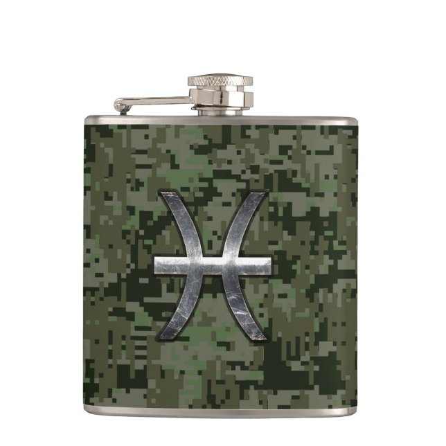 Pisces Zodiac Symbol Woodland Digital Camouflage Hip Flask (Front)