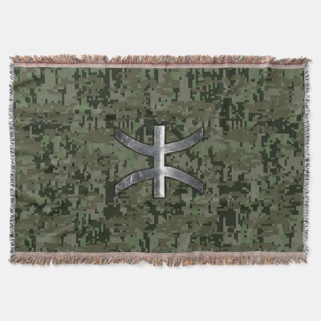 Pisces Zodiac Symbol Woodland Digital Camouflage Throw Blanket (Front)