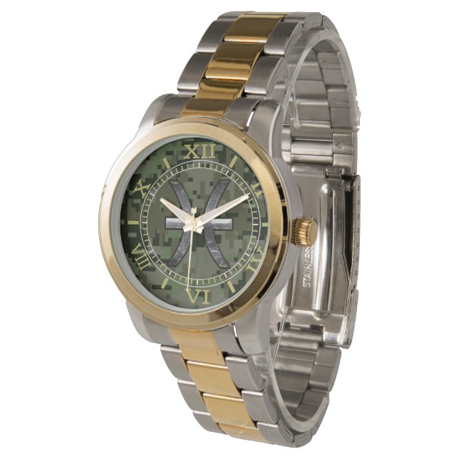 Pisces Zodiac Symbol Woodland Green Camo Dial Watch (Angled)