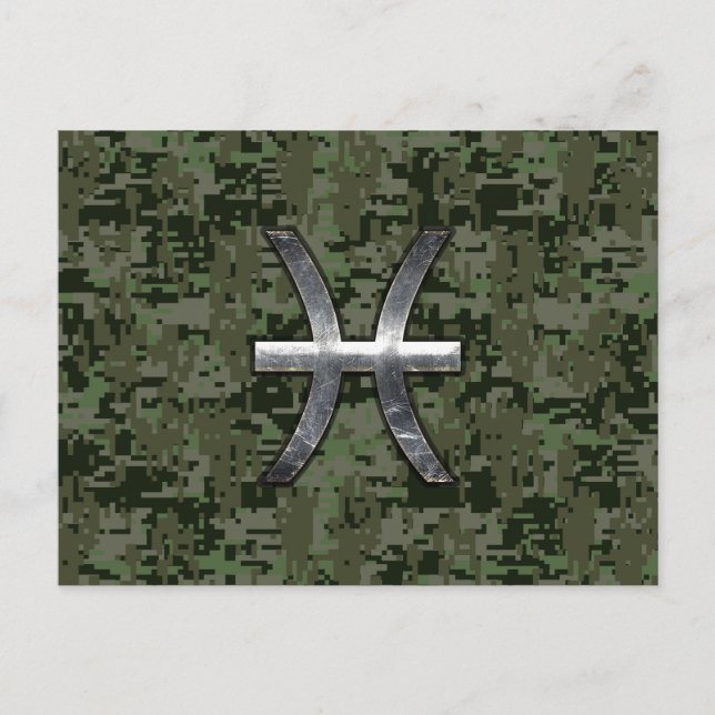 Pisces Zodiac Symbol Woodland Green Digital Camo Postcard (Front)