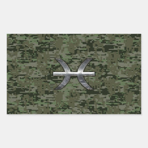 Pisces Zodiac Symbol Woodland Green Digital Camo Rectangular Sticker