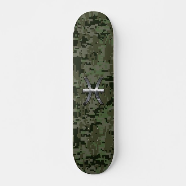 Pisces Zodiac Symbol Woodland Green Digital Camo Skateboard (Front)