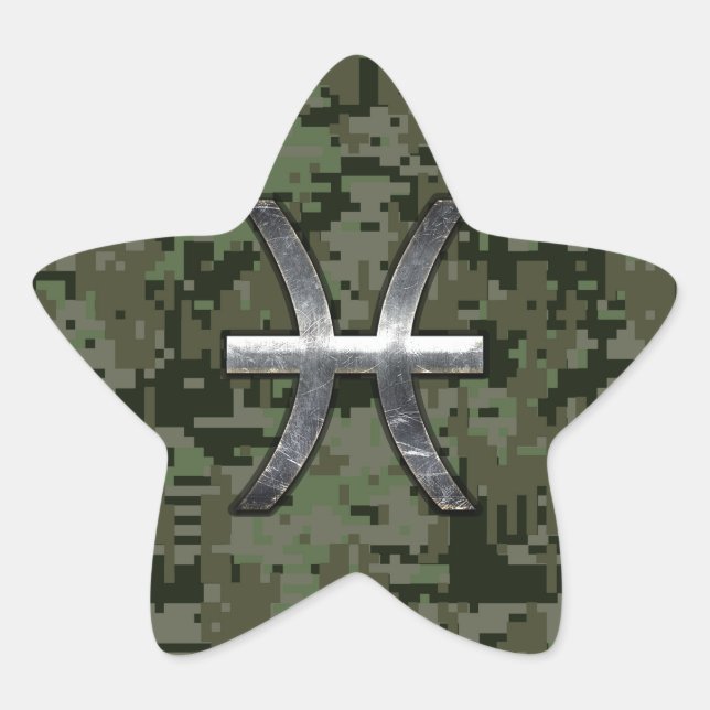 Pisces Zodiac Symbol Woodland Green Digital Camo Star Sticker (Front)