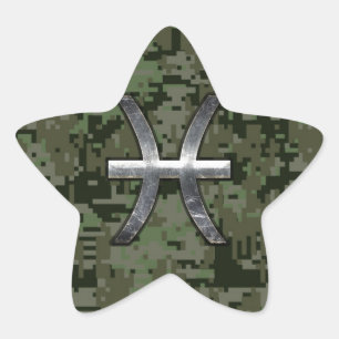 Pisces Zodiac Symbol Woodland Green Digital Camo Star Sticker