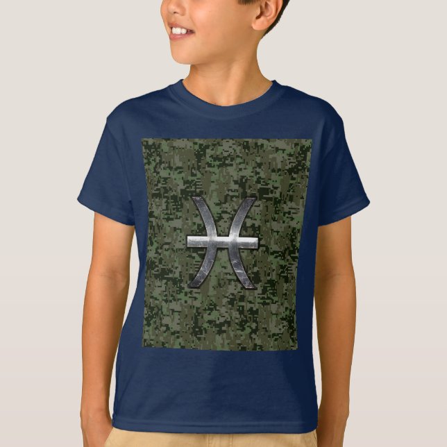 Pisces Zodiac Symbol Woodland Green Digital Camo T-Shirt (Front)